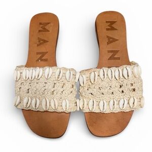 MANEBI Yucatan Raffia Sandals Crochet Shell Leather Slide 38 US 8